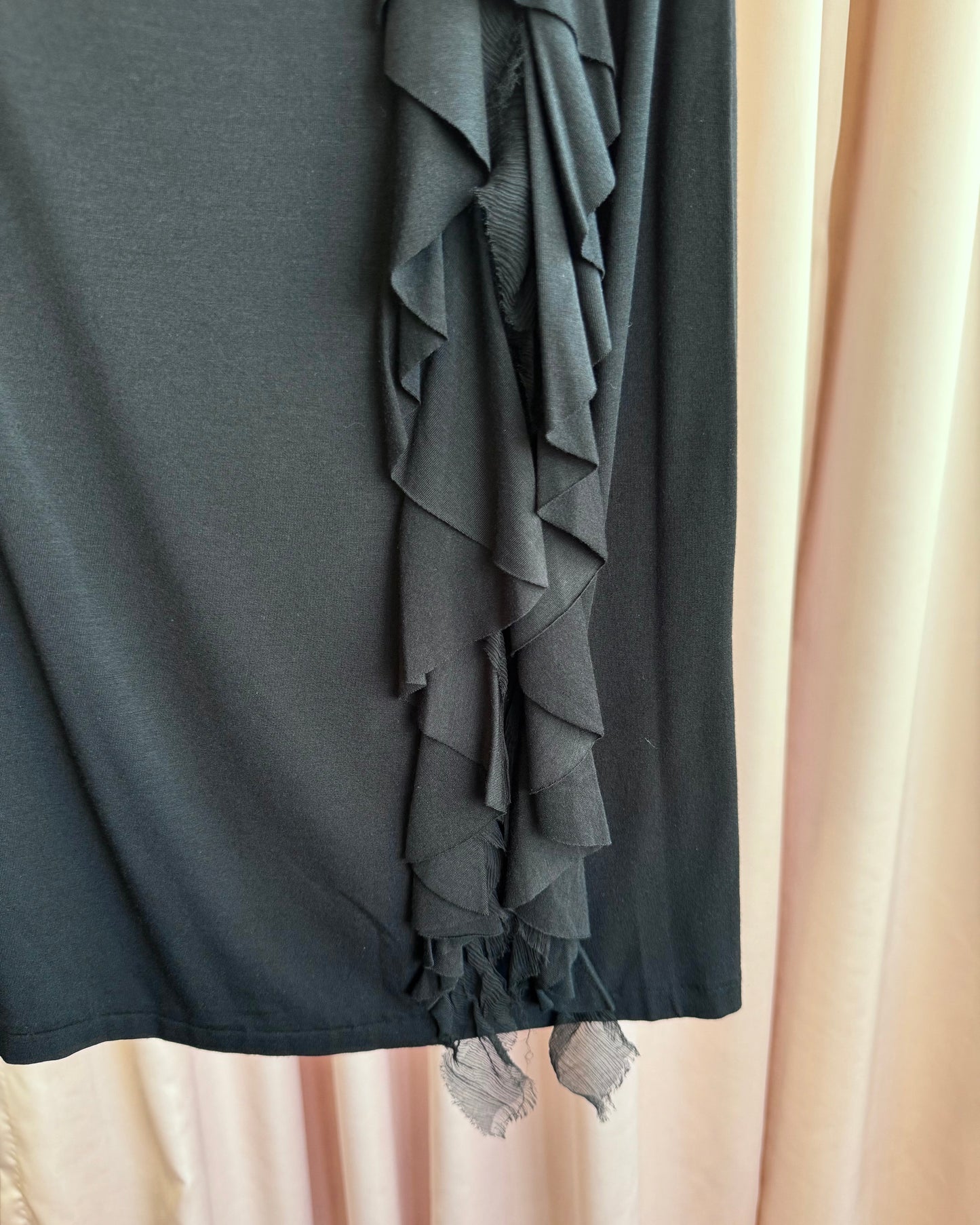 Italian Designer Black Micromodal Silk Ruffle Midi Skirt