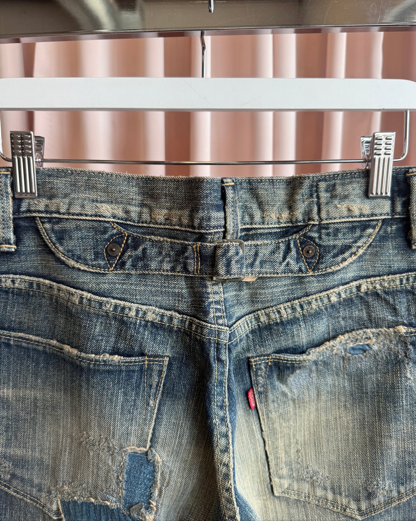 Japanese Brand Selvedge Cinch Back Faded Repaired Denim