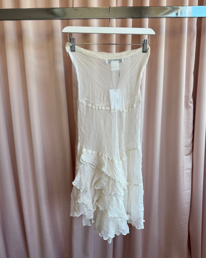 Parisian Designer Sheer White 100% Silk Bias Cut Ruffle Tiered Skirt