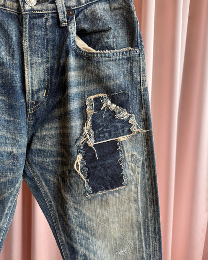 Japanese Brand Selvedge Cinch Back Faded Repaired Denim