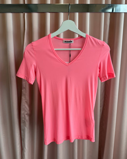 Jil Sander Neon Pink Nylon Stretch V-Neck Top