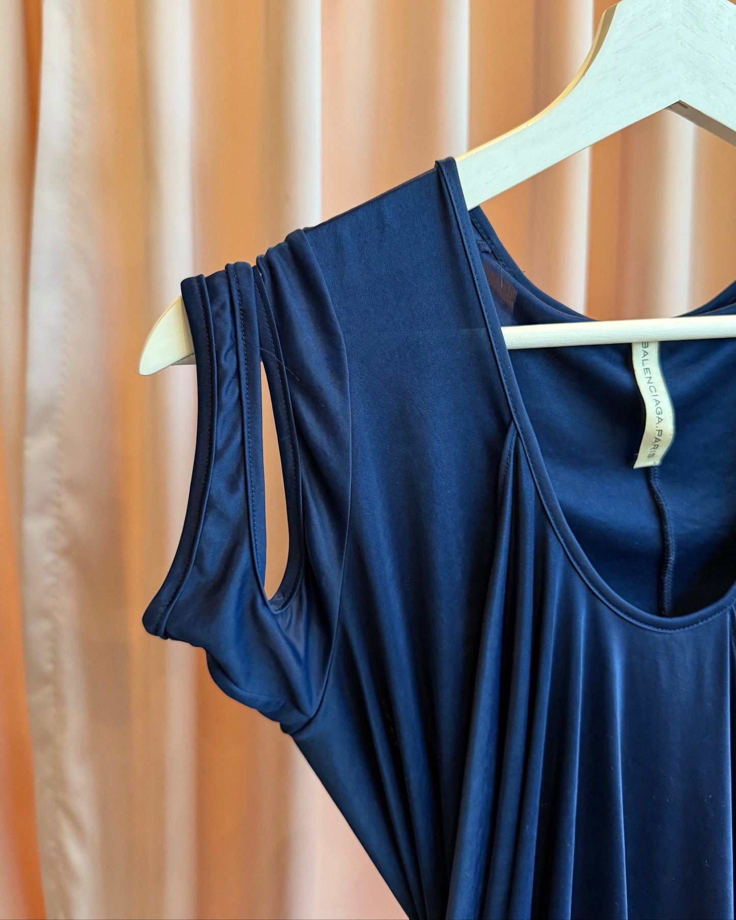 Balenciaga 2004 by Nicolas Ghesquière Blue Shoulder Cut Out Asymmetrical Draped Top