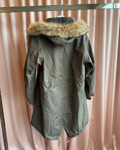 United Bamboo Khaki Fox Fur Hood Lined Fishtail Parka Jacket