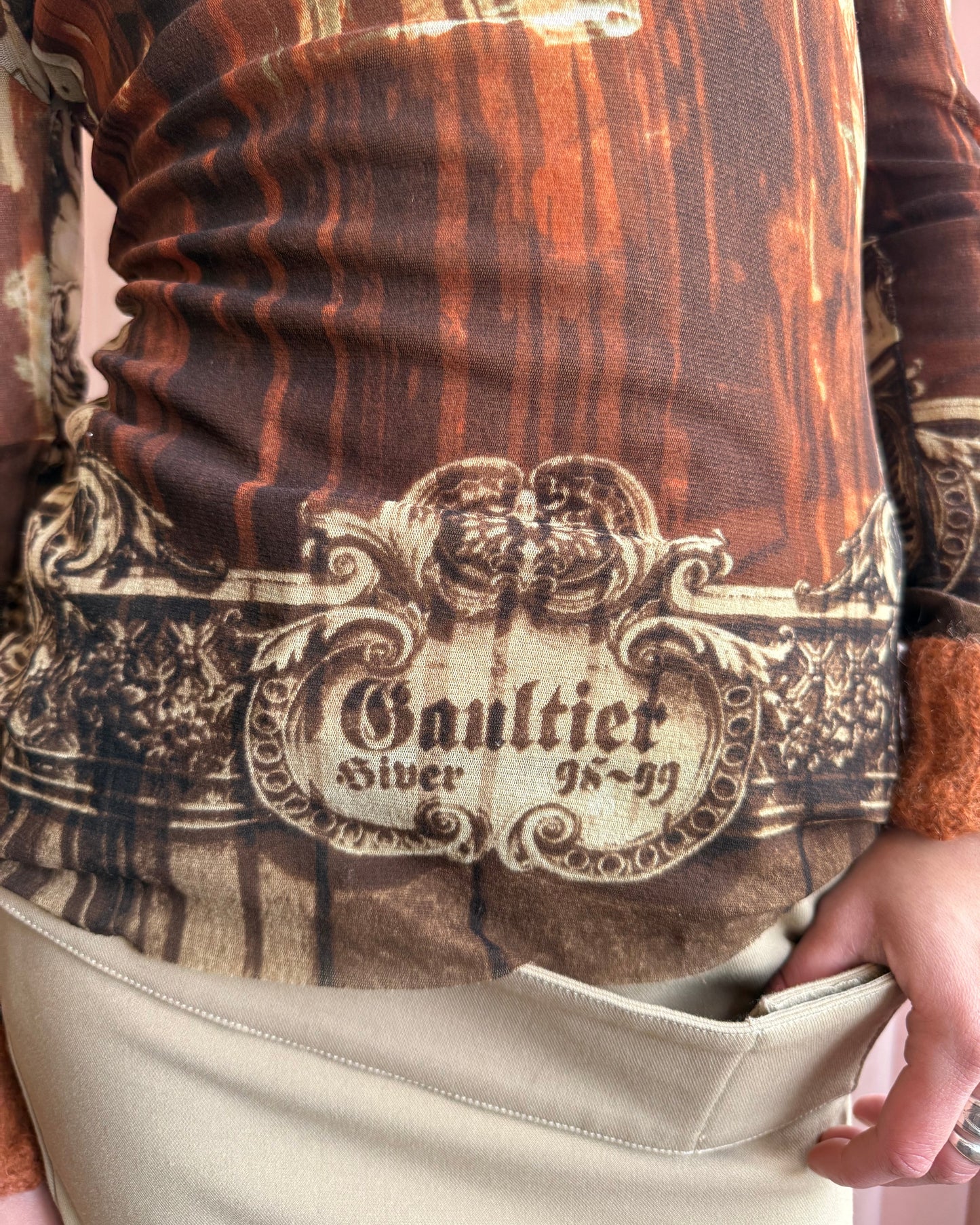Jean Paul Gaultier F/W 1998 Gothic Cathedral Print Hooded Mesh Long Sleeve Top