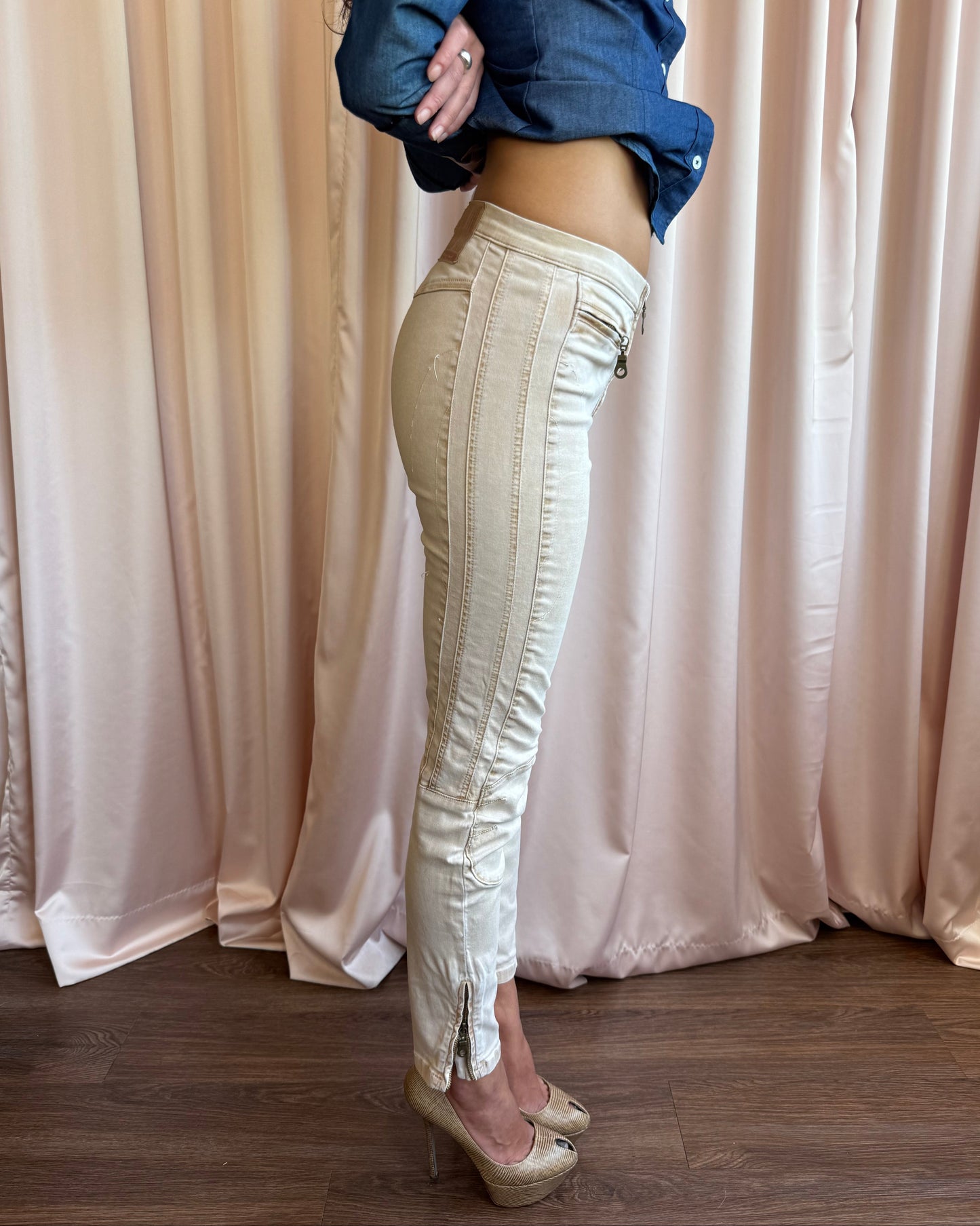 Plein Sud Jeanius Tan Moto Patch Skinny Denim