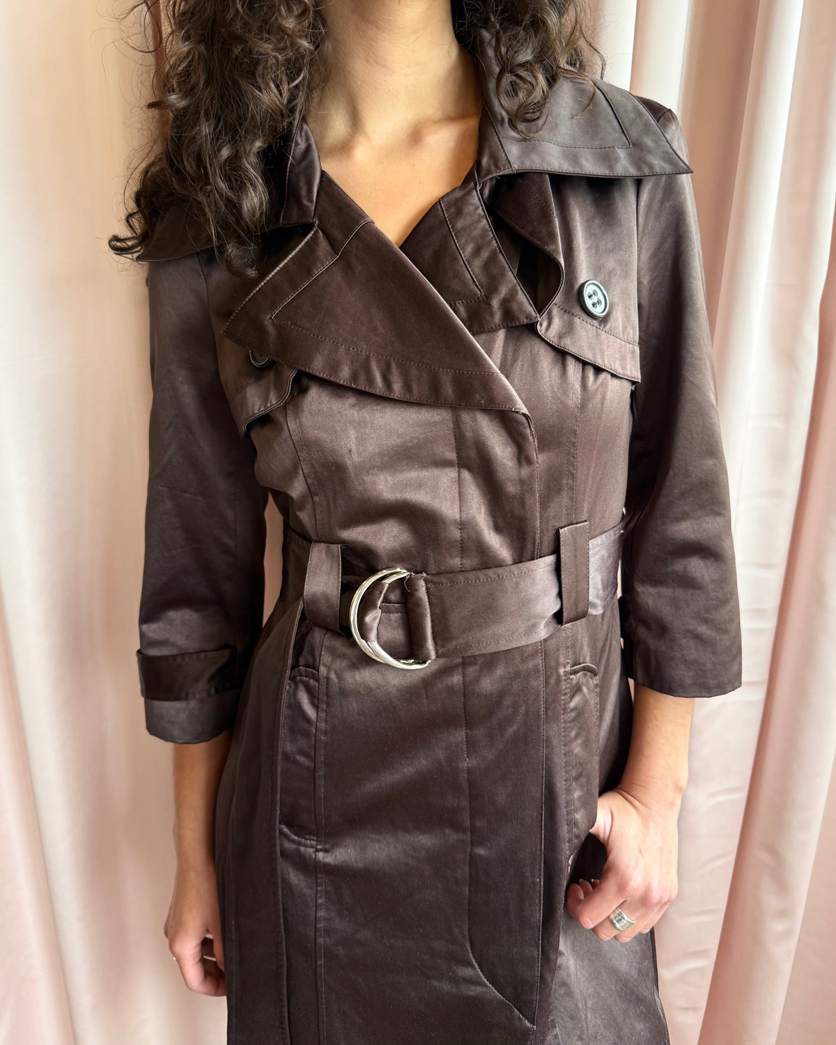 Bebe Chocolate Brown Satin Trench Coat