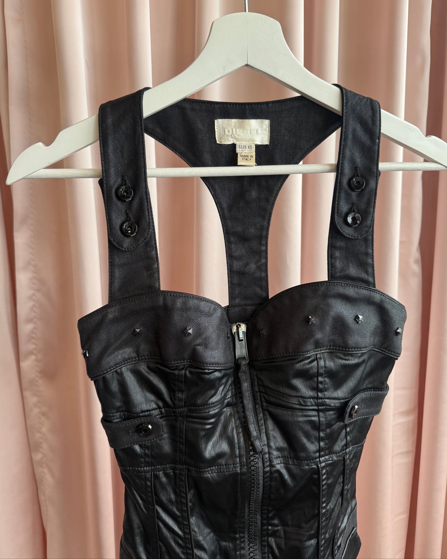 Diesel Studded Coated Black Denim Bustier Zipper Dress