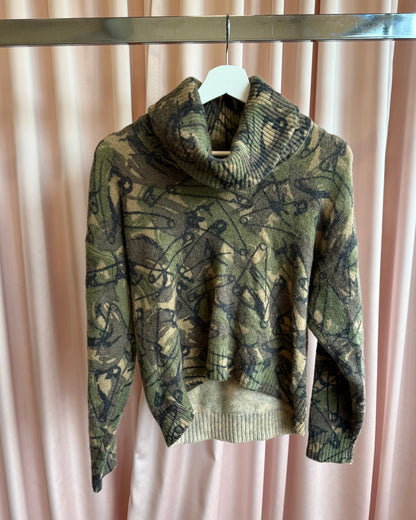 Hysteric Glamour Safety Pin Camouflage Print Wool Knit Turtleneck Sweater