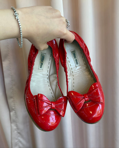 Miu Miu Red Patent Leather Bow Ballet Flats