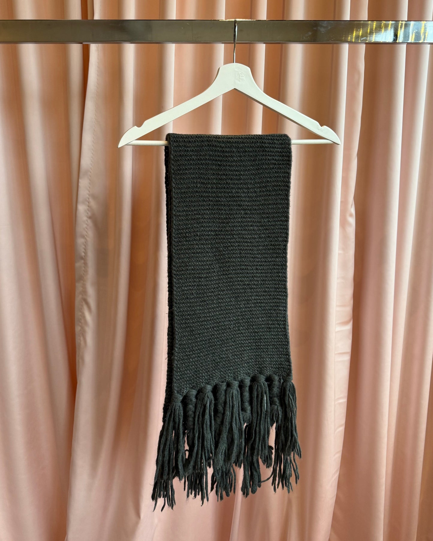 Dark Green Alpaca Blend Knit Fringe Scarf