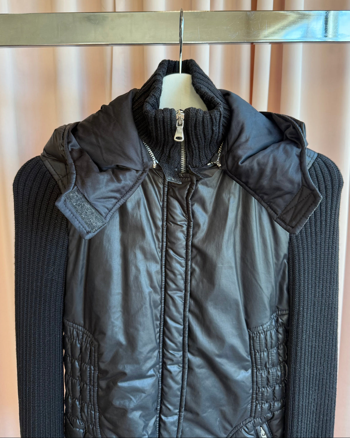 Italian Designer Hooded Black Nylon & Rib Knit Jacket