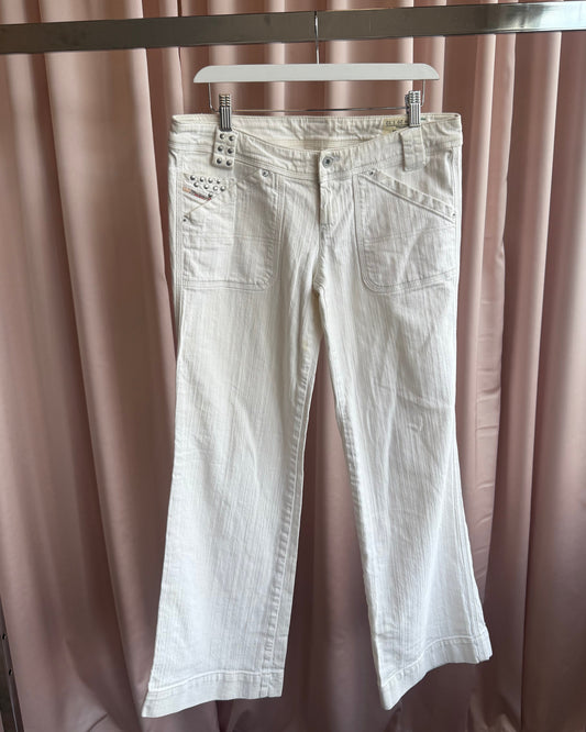 Diesel "Wiggy" Studded White Wide Leg Denim