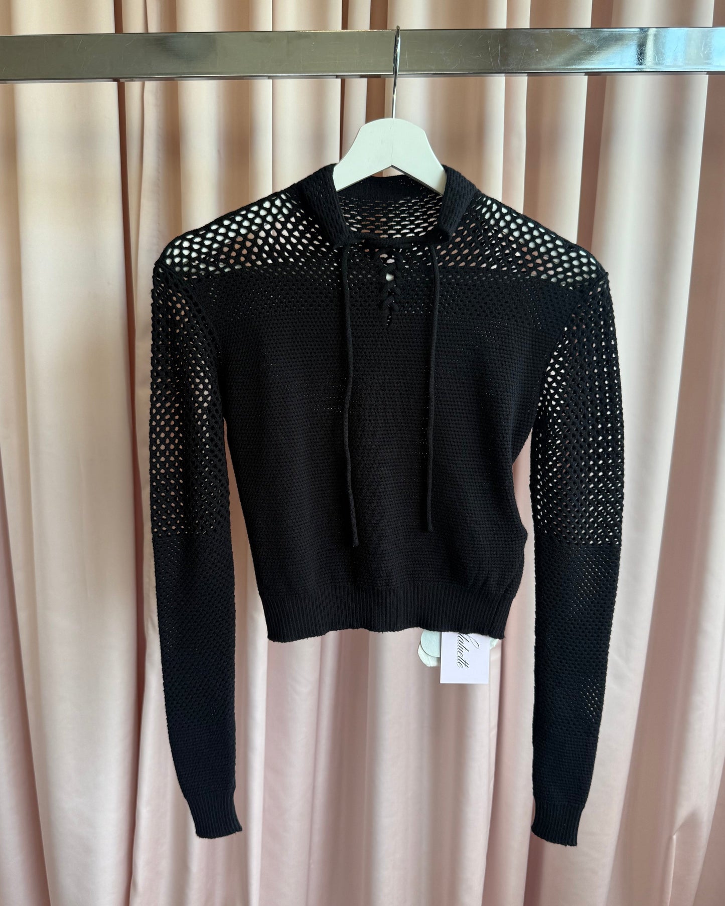Isa Boulder Black Cropped Lace-Up Crocheted Polo
