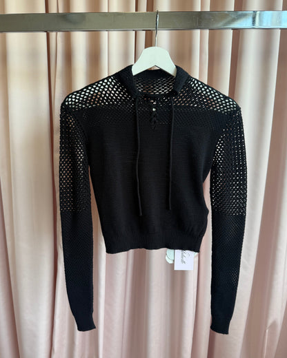 Isa Boulder Black Cropped Lace-Up Crocheted Polo