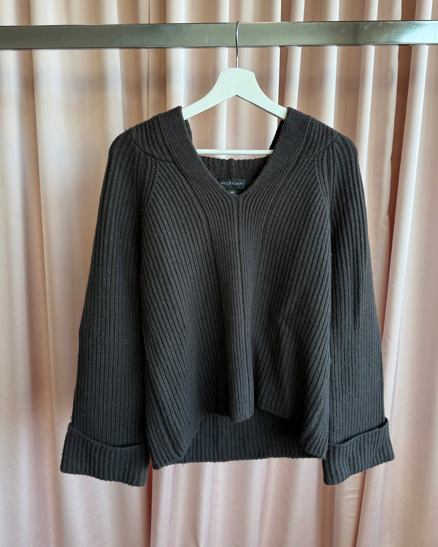 Jill Stuart Dark Khaki Brown Wool Blend Rib Knit Hoodie