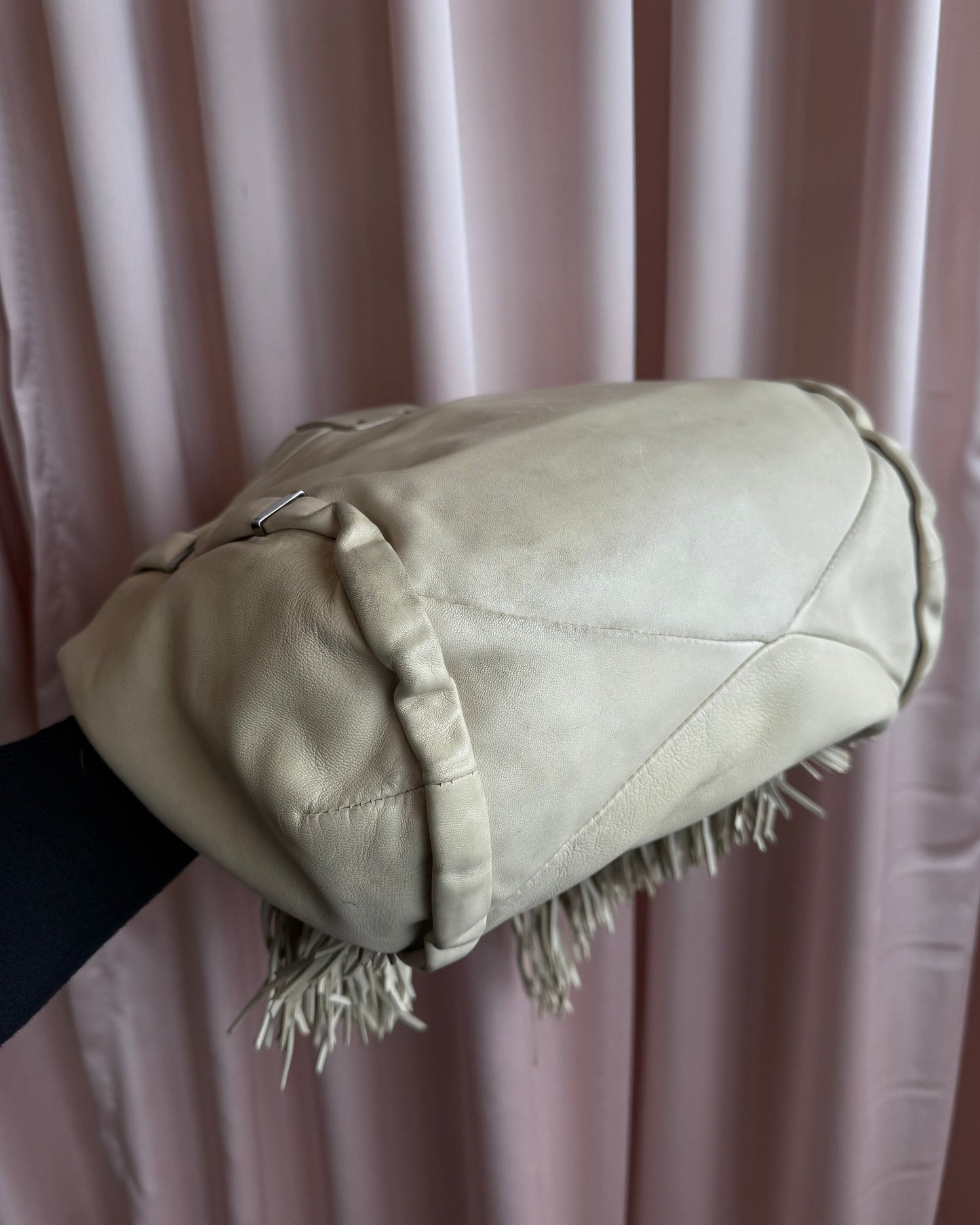 Céline Dimitri Cream Leather Fringe Hobo Handbag