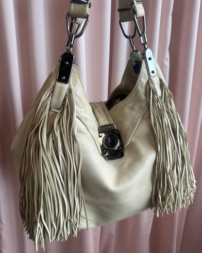Céline Dimitri Cream Leather Fringe Hobo Handbag