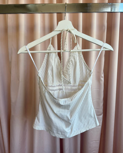 2000's USA Made Cream Pinstripe Crochet Trim Halter Top