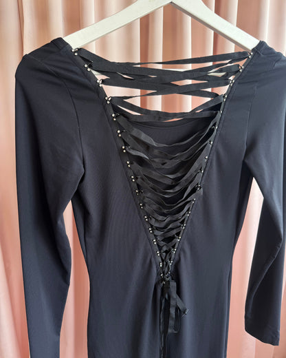 French Brand Black Lace Up Corset Back Long Sleeve Bodycon Dress