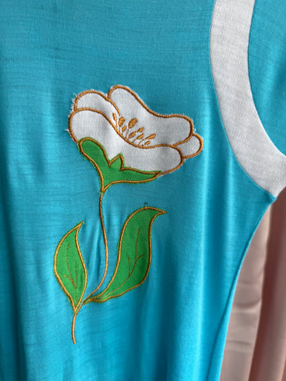 Monte Caldo 1970's Floral Embroidered Aqua Blue Maxi Dress