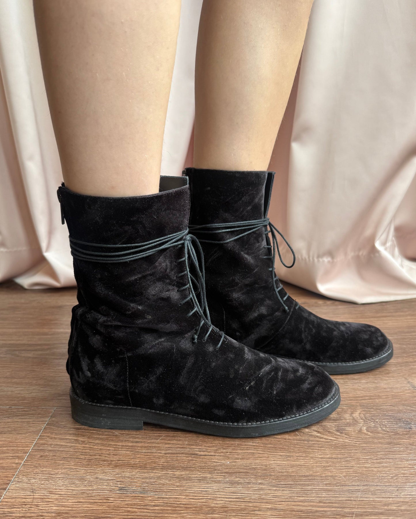 Ann Demeulemeester Black Velvet Laced Combat Boots