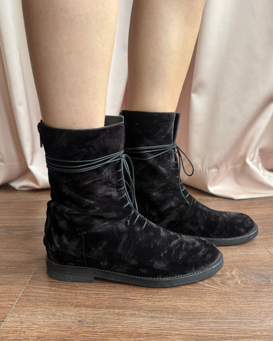 Ann Demeulemeester Black Velvet Laced Combat Boots