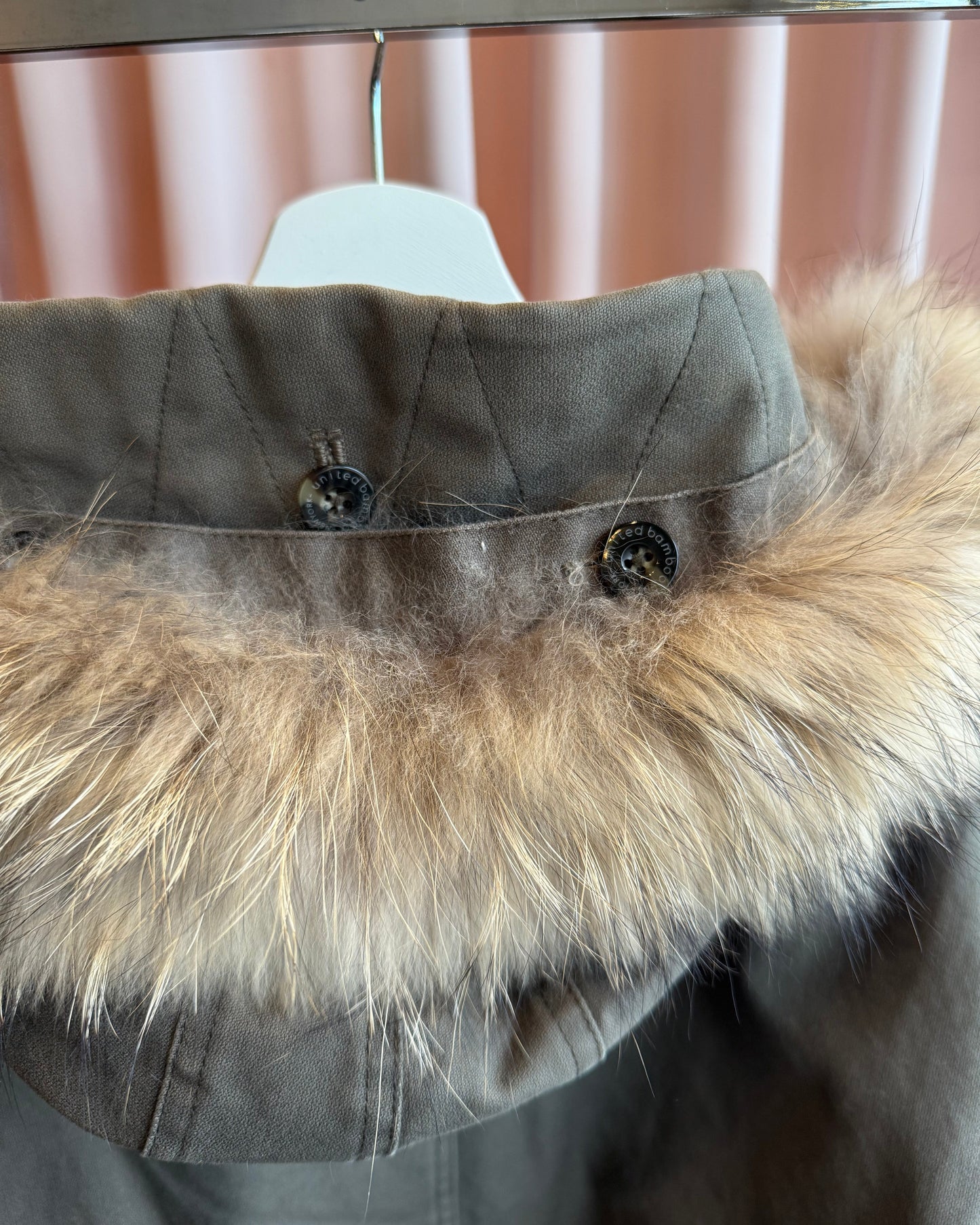 United Bamboo Khaki Fox Fur Hood Lined Fishtail Parka Jacket