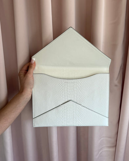 Embossed White Leather Envelope Clutch