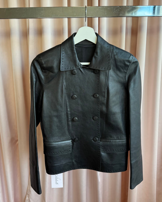 Italian Designer 1990's Black Leather Double Breasted Jacket
