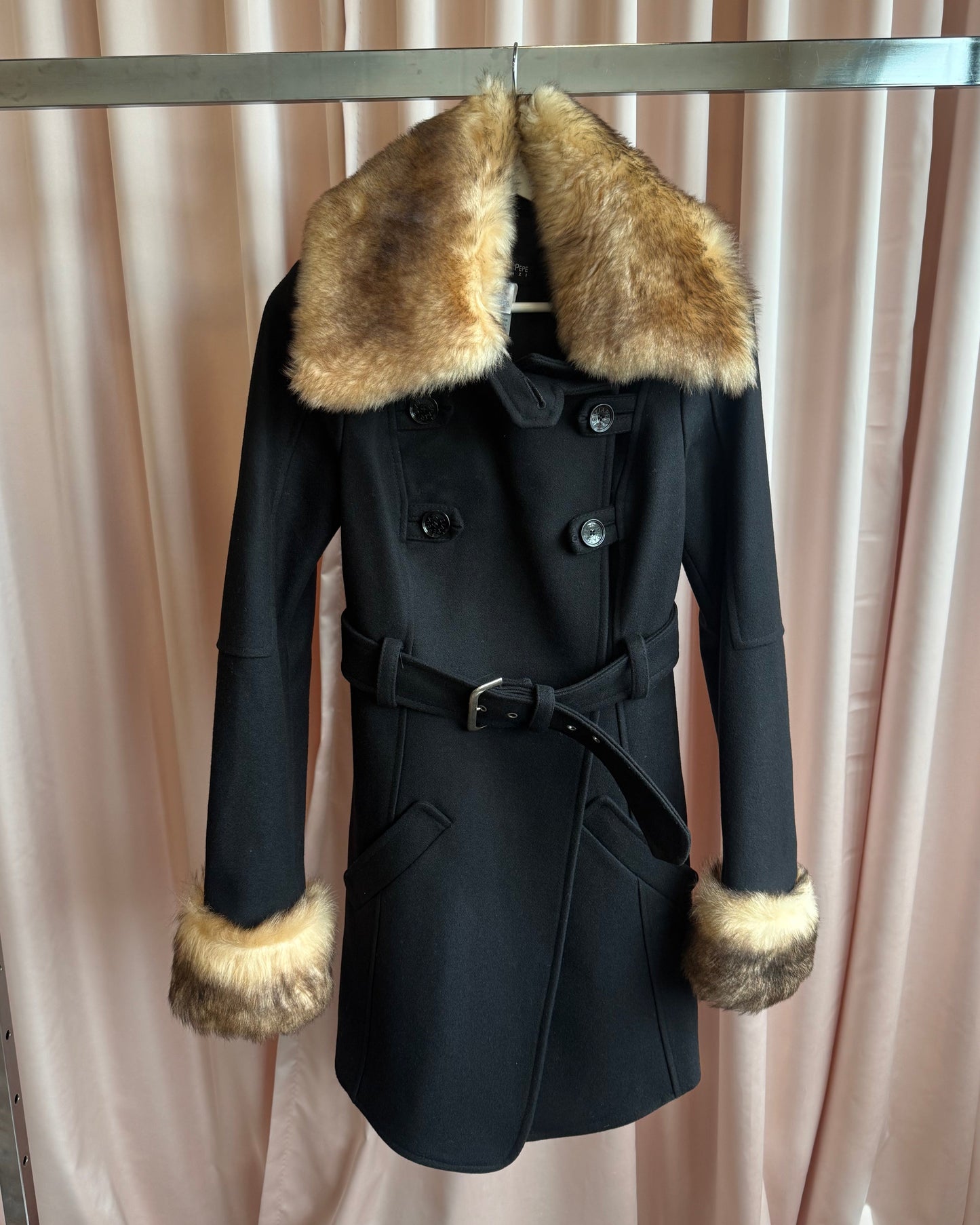 Patrizia Pepe Faux Fur Trim Double Breasted Black Wool Coat