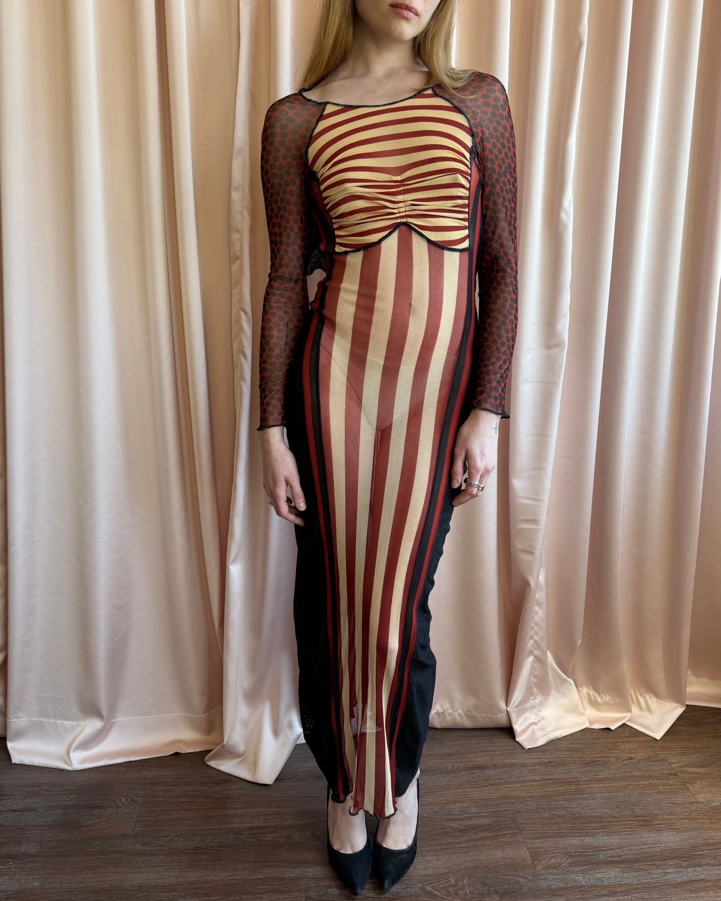 Jean Paul Gaultier S/S 1997 Runway Open Back Striped Mesh Long Sleeve Dress