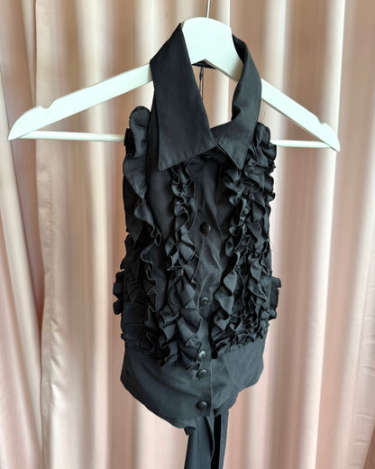 Parisian Brand Black Ruffle Button Up Open Back Halter Top