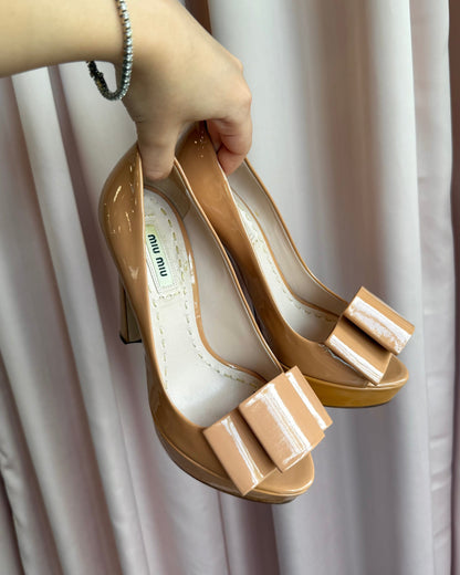 Miu Miu Patent Leather Bow Peep Toe Platform Pumps