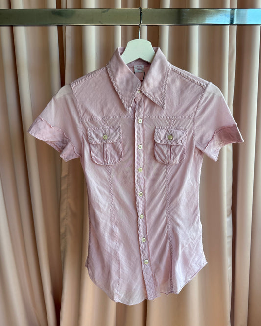 Italian Brand Pink Text Print Back Short Sleeve Button Up Shirt