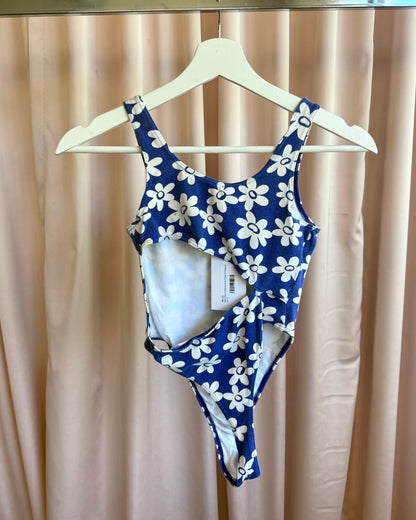1990's Blue & White Floral Print High Cut Cotton Bodysuit