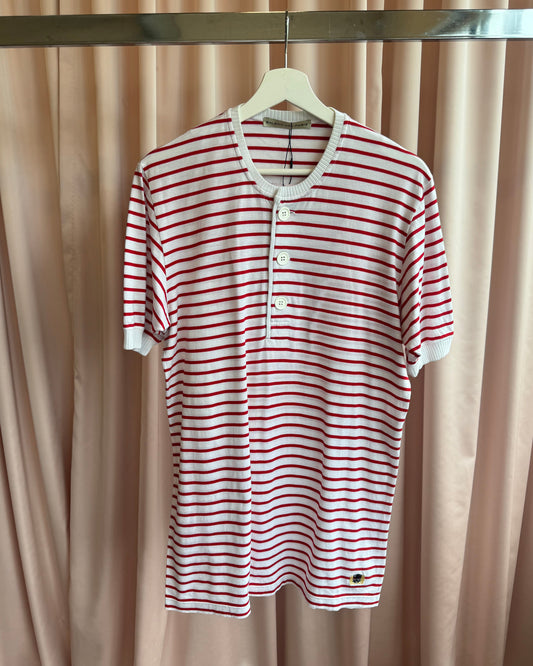 Balenciaga S/S 2006 White & Red Striped Short Sleeve Henley Top