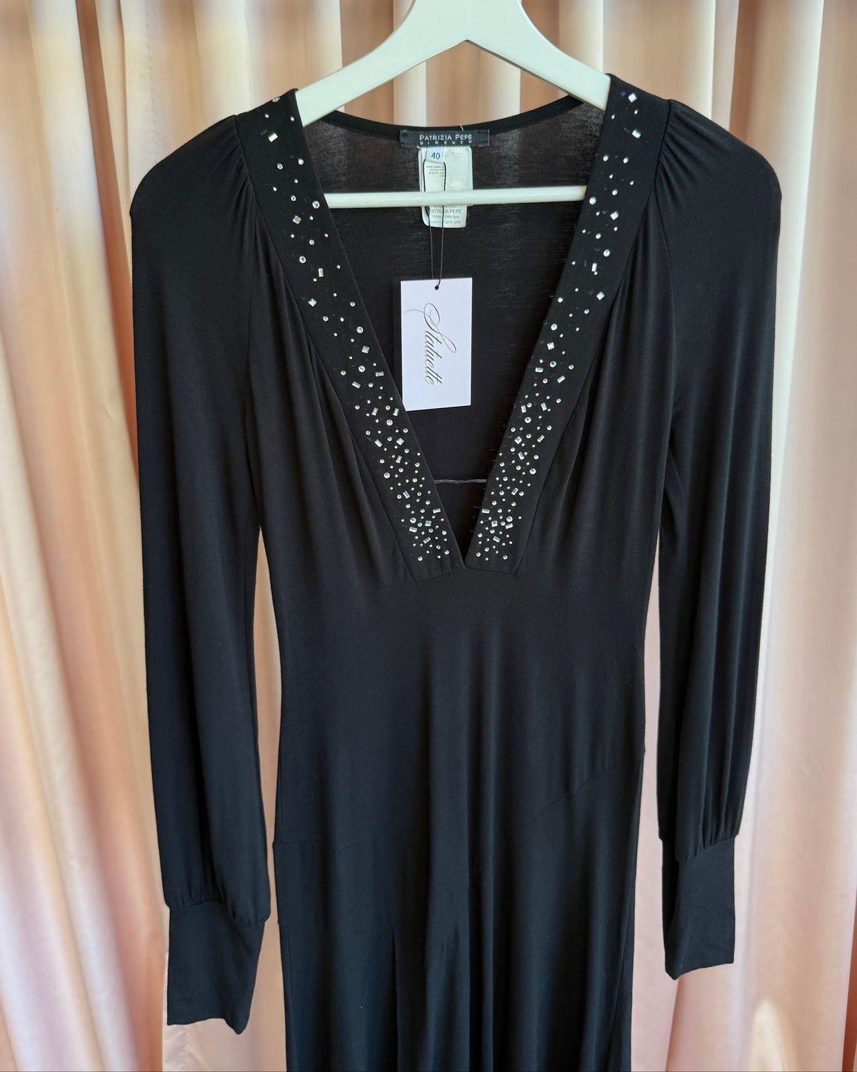 Italian Designer Black Low Cut Rhinestone V-Neck Long Sleeve Dress
