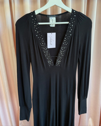 Italian Designer Black Low Cut Rhinestone V-Neck Long Sleeve Dress