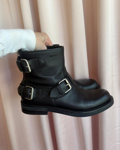 Gucci Logo Engraved Black Leather Engineer Ankle Boots