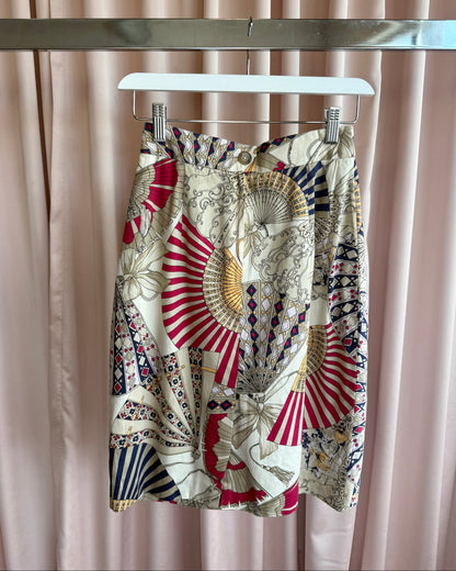 Laurèl by Escada 1980's Fan Print Cotton Peg Skirt