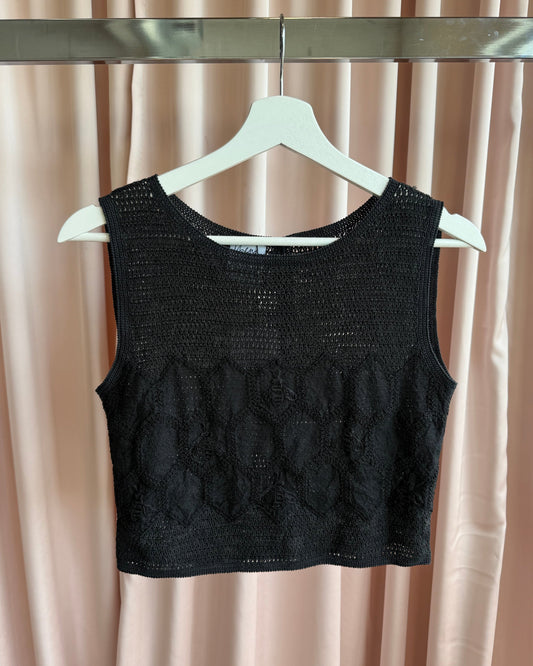 Moschino Cheap & Chic Cropped Black Net Overlay Cotton Knit Top