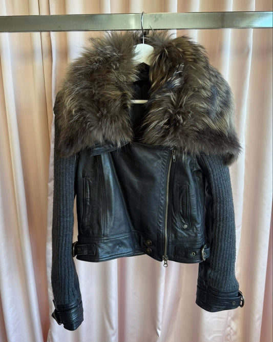 Japanese Brand Raccoon Fur Collar Sheepskin Leather Jacket