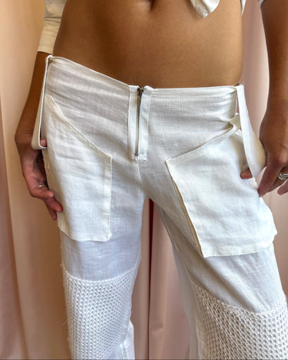 Belted Fishnet Lightweight White Cotton Trousers