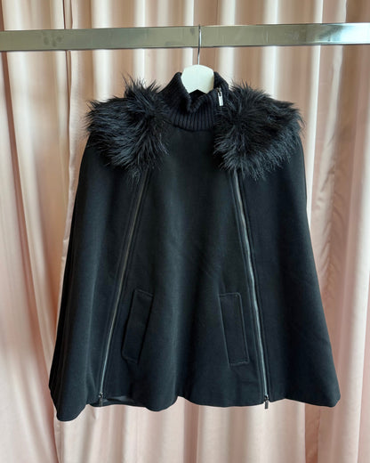 BCBGMaxazria Faux Fur Trim Black Cape Poncho Jacket