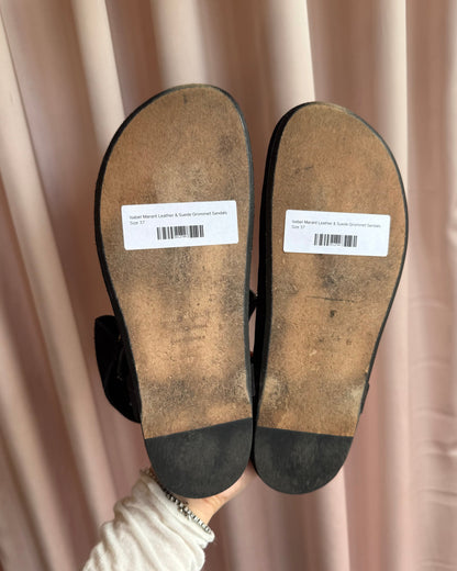 Isabel Marant Black Leather & Suede Grommet Thong Sandals