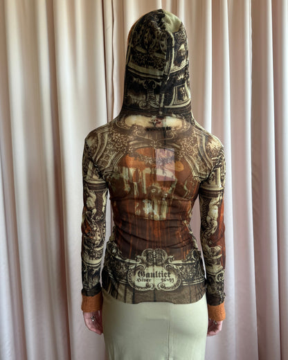 Jean Paul Gaultier F/W 1998 Gothic Cathedral Print Hooded Mesh Long Sleeve Top
