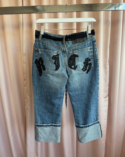 Richmond Black Lace Spell Out Belted Distressed Cropped Denim