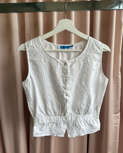 White Cotton Lace Button Up Sleeveless Top