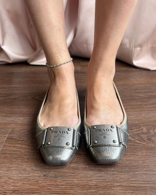 Prada Logo Buckle Silver Metallic Leather Flats