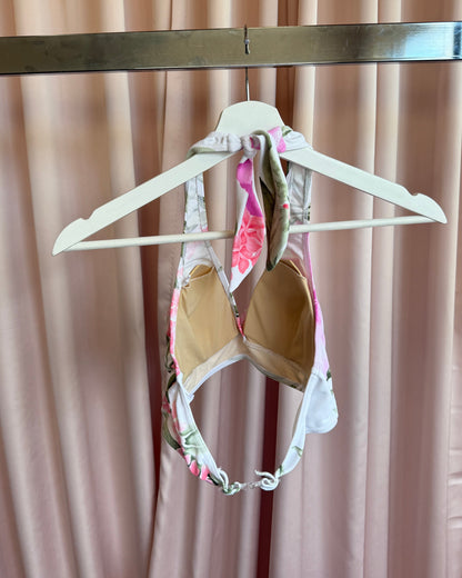Japanese Brand Rhinestone White & Pink Floral Print High Cut Bikini